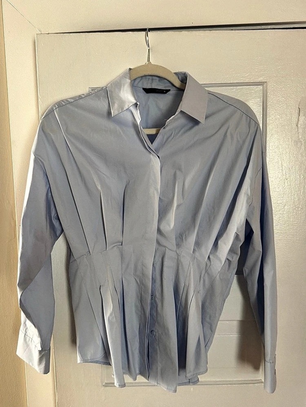 Zara Poplin Shirt with Pleats Button Down in Blue